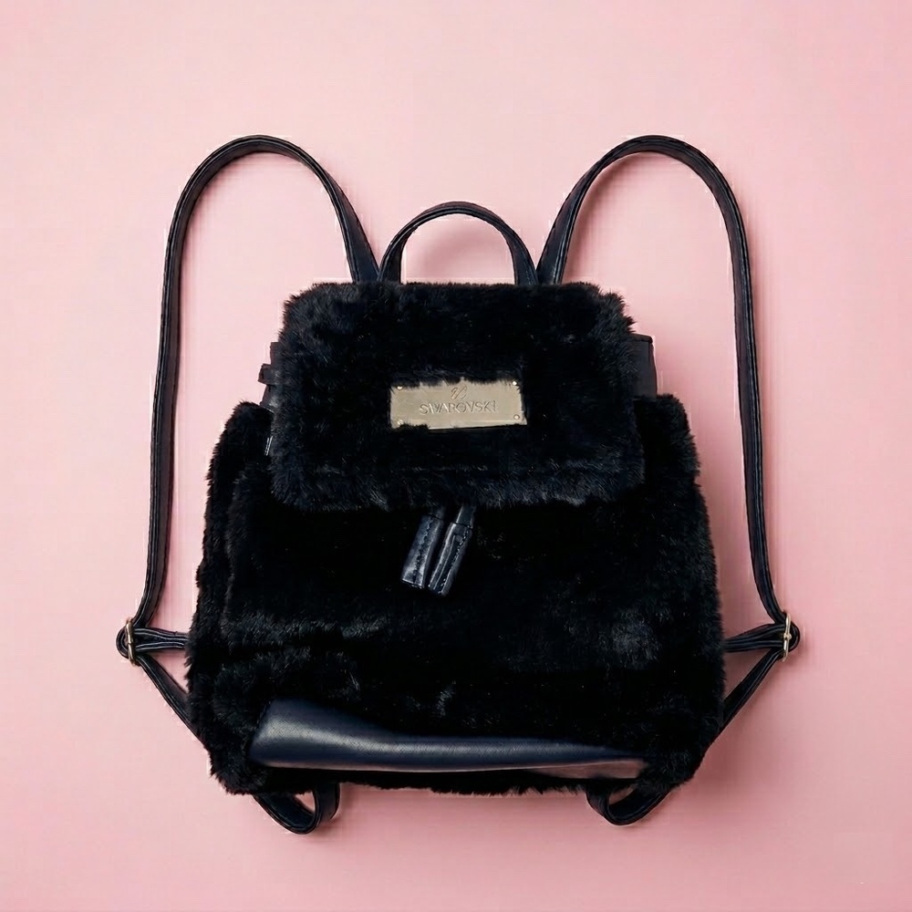 NWT Swarovski Midnight Blue Faux Fur Backpack Purse